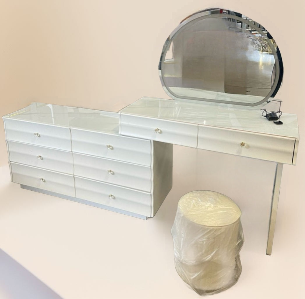 White chest of drawers set led mirror and ottoman