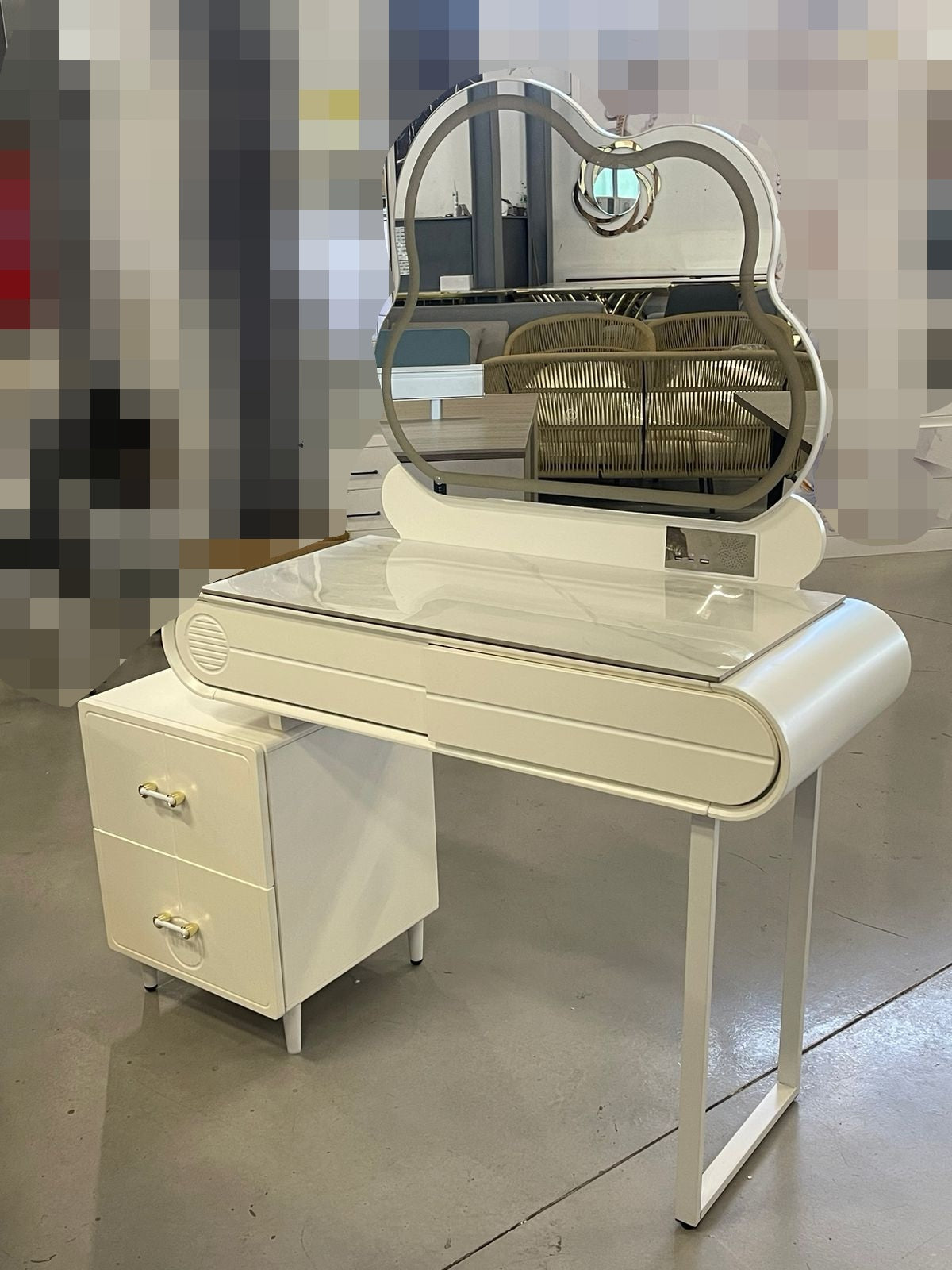 White vanity set led mirror and ottoman