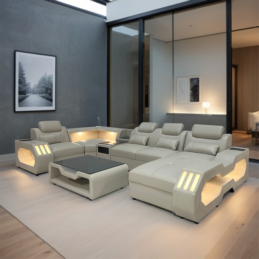 Genuine leather corner couch LED light, Wireless Charge and Bluetooth Speaker