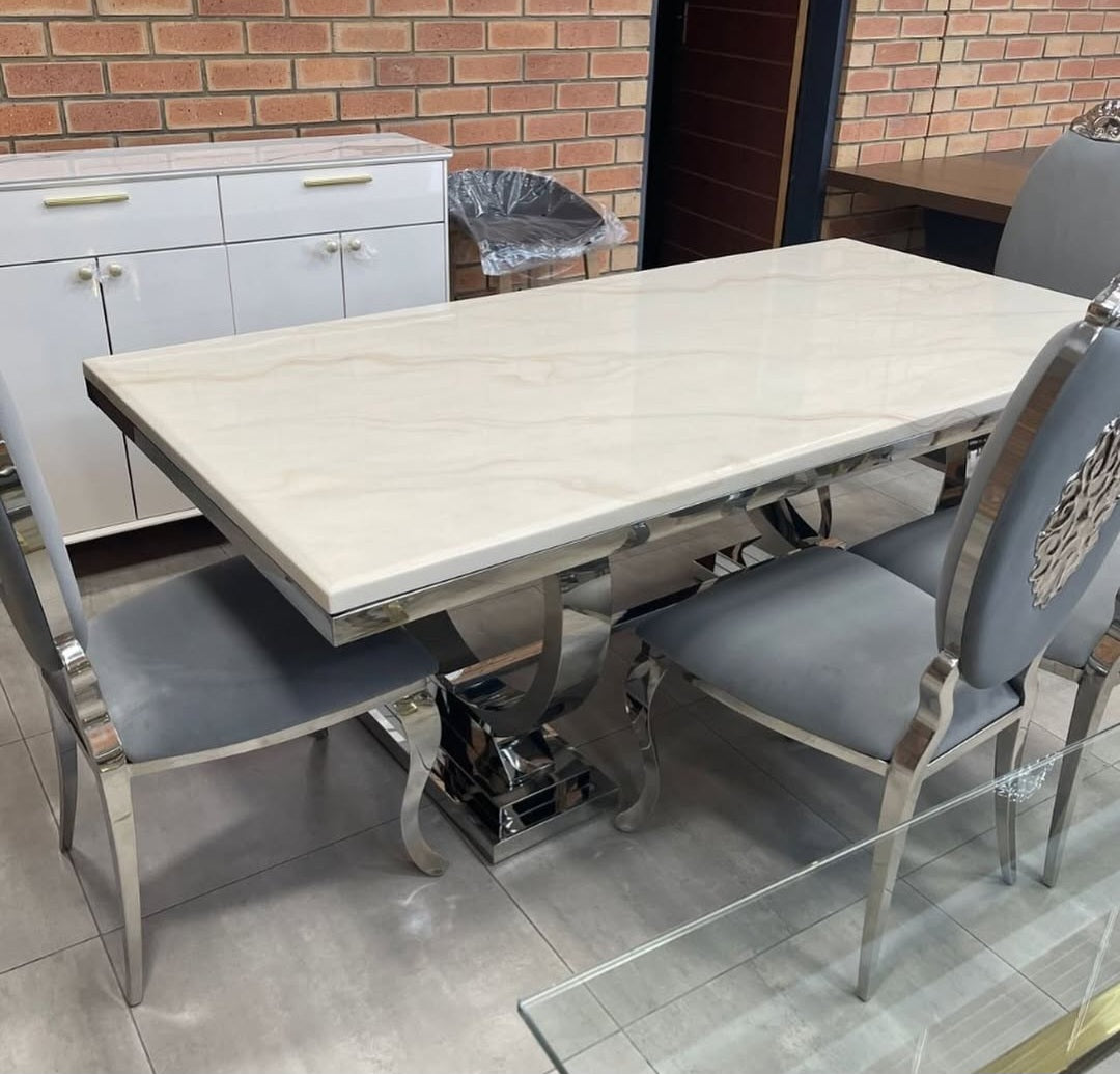 White marble dining table silver