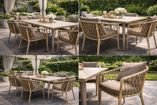 Outdoor dining set with wooden table and wicker chairs