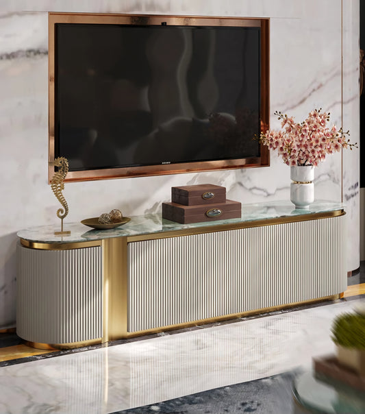 Grey and gold TV stand marble top