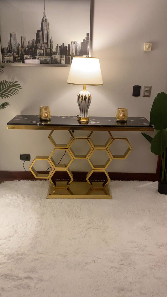 Gold honeycomb console marble top