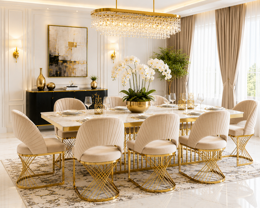 8 seater dining set beige chairs gold