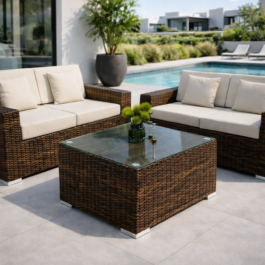 Outdoor patio furniture set with wicker chairs and coffe table