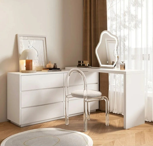 Extendable chest of drawers with led mirror and stool