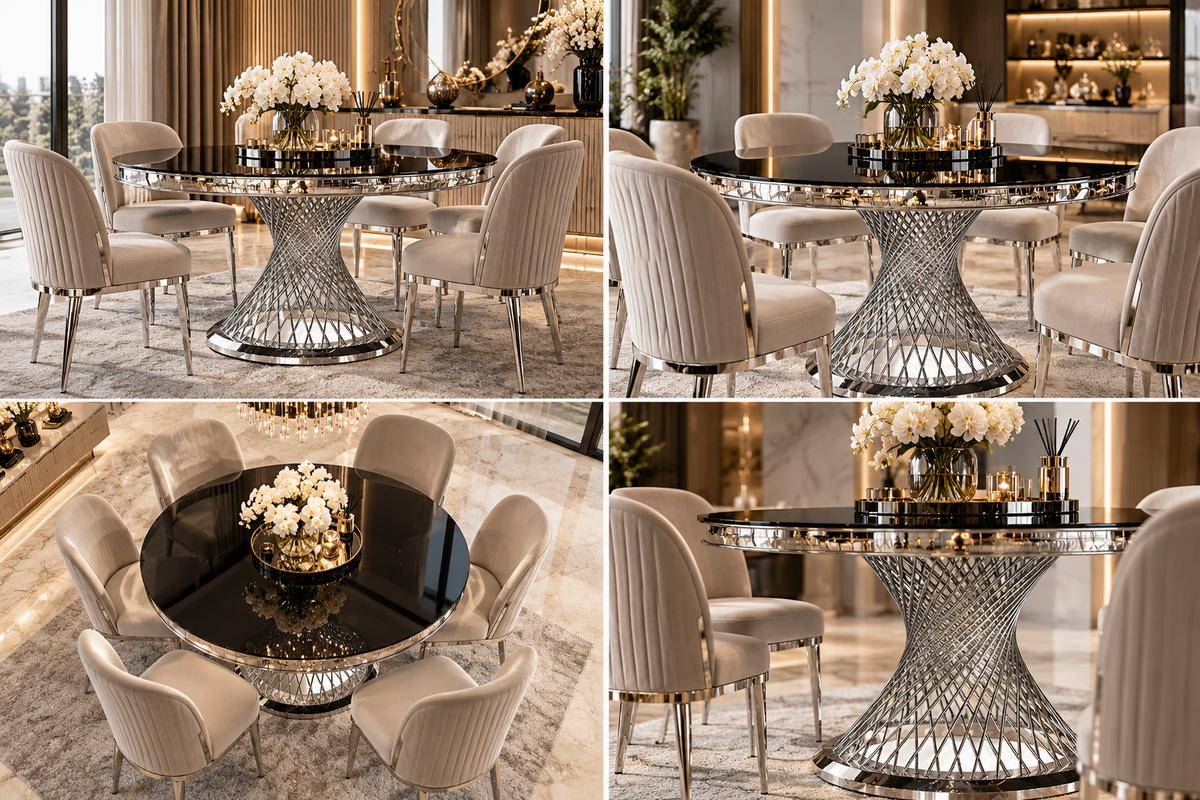 Round silver dining table glass top