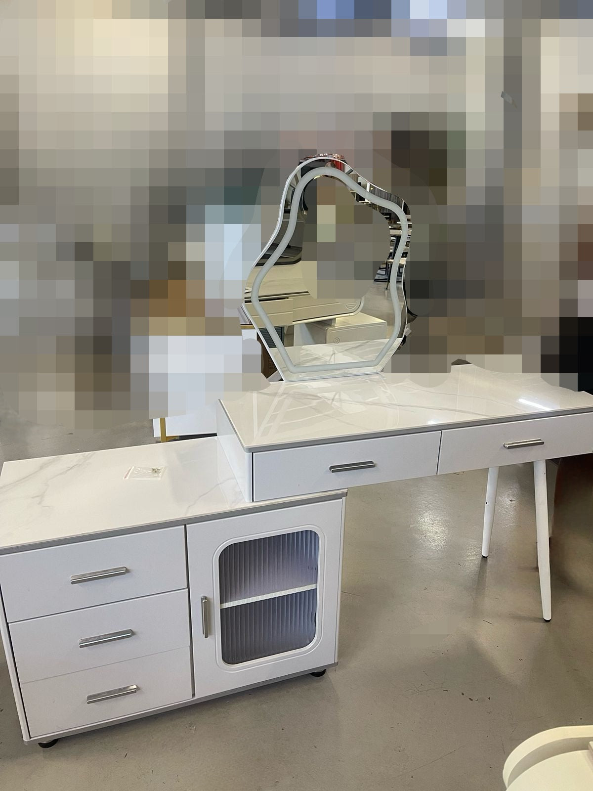 White vanity set with led mirror and ottoman