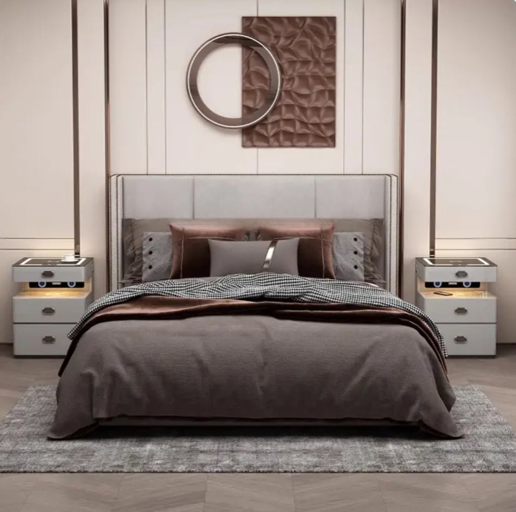 Grey smart pedestal Bluetooth speakers USB wireless charging