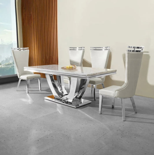 High back white and silver dining chairs