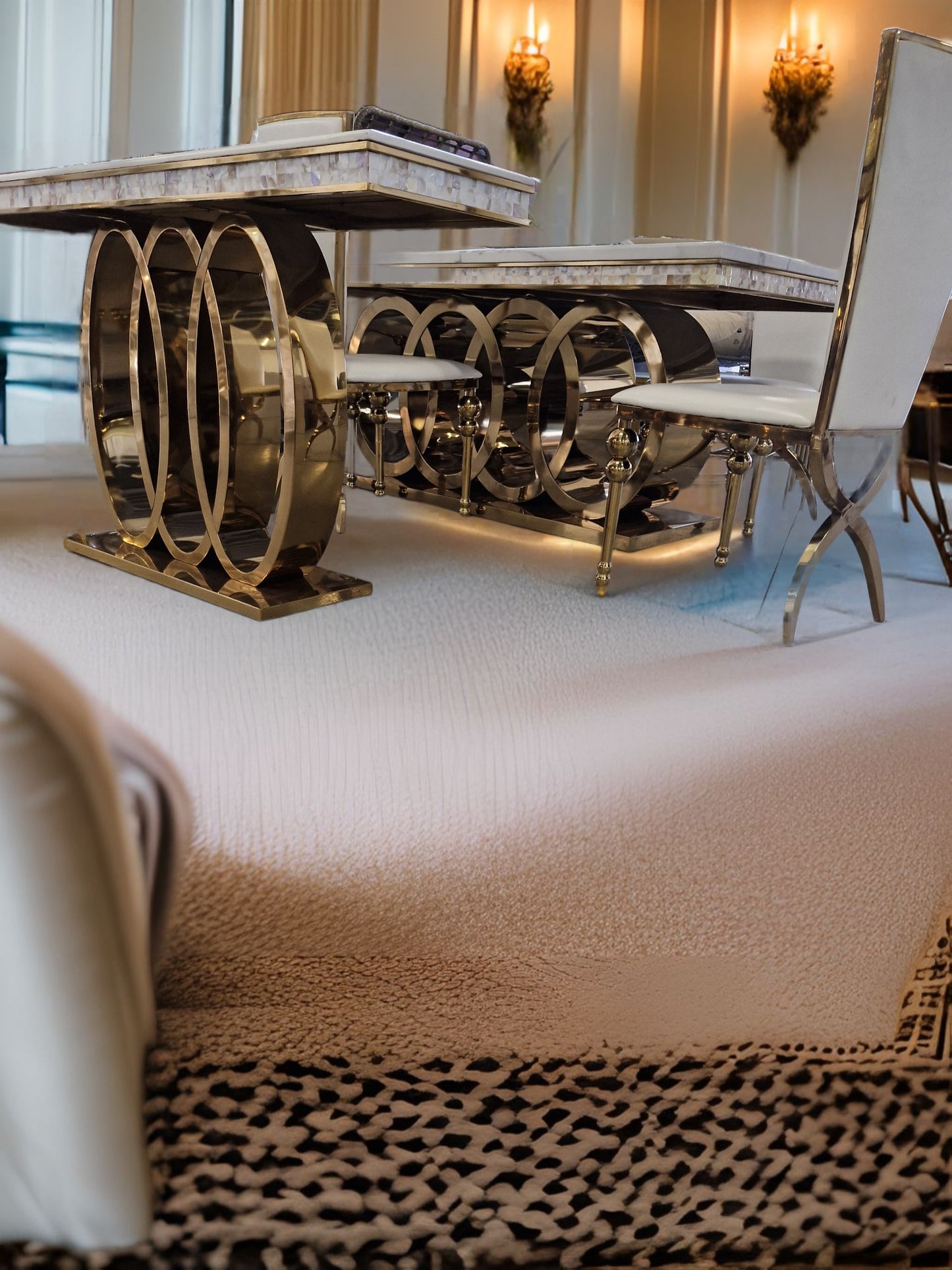 Gold audi ring console server table white marble