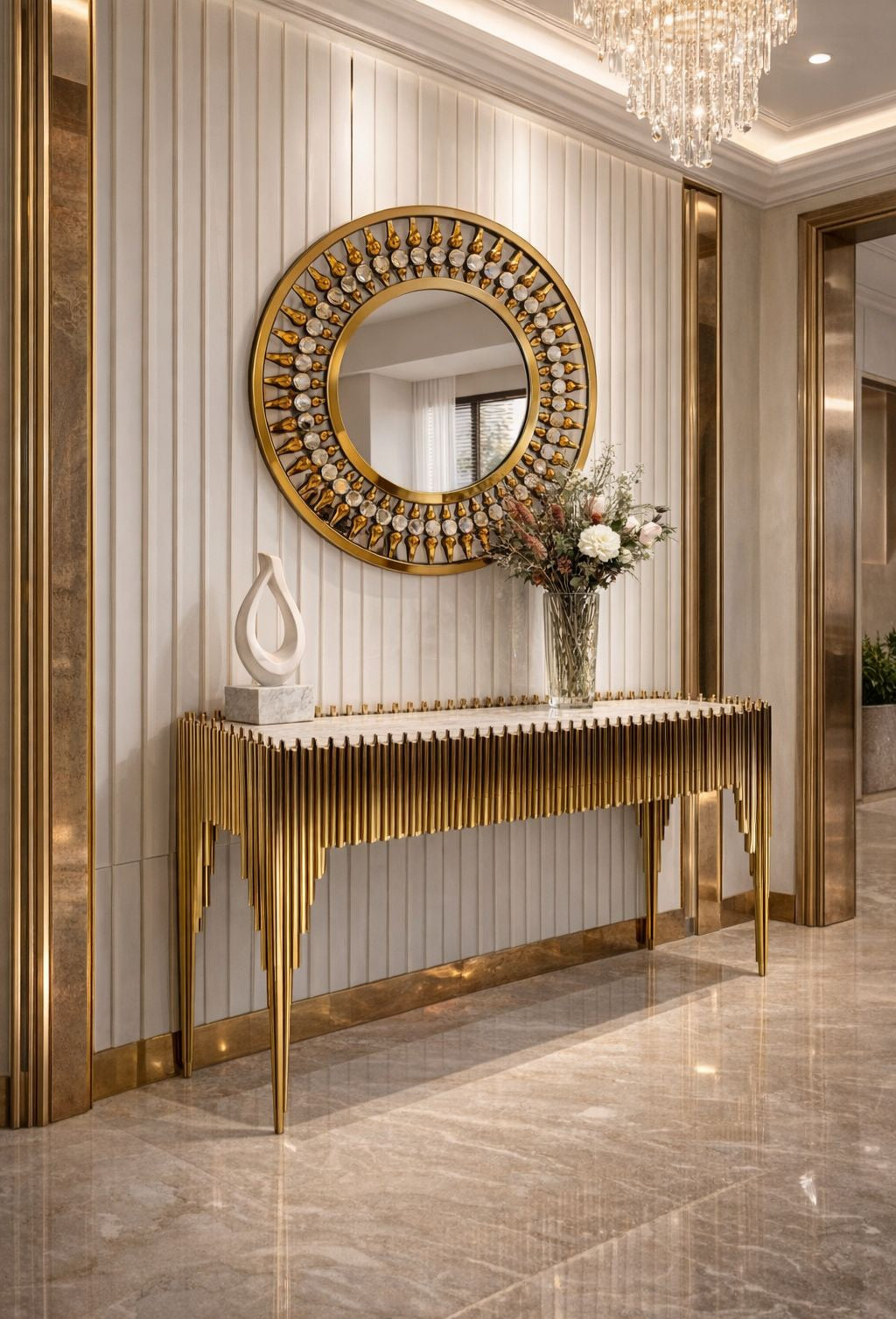 Gold server console table with marble