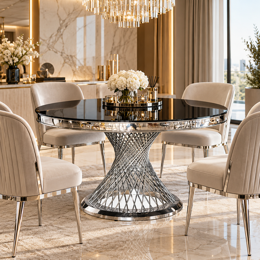 Round silver dining table glass top