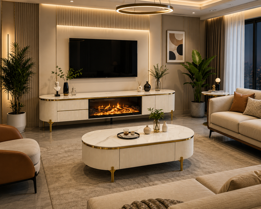 White and gold plasma tv stand with fireplace