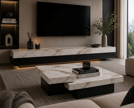 White marble tv plasma stand floating design
