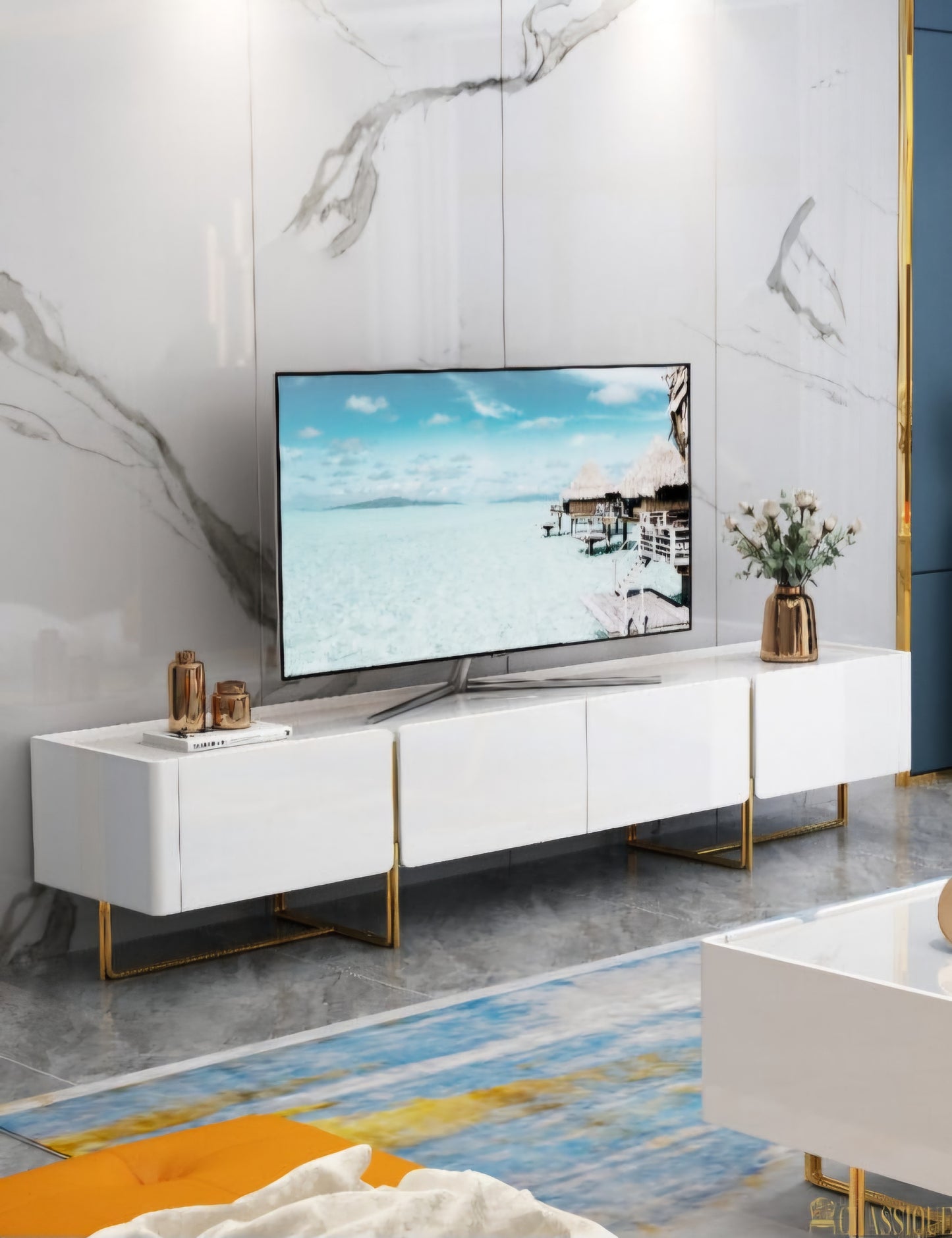 White and gold minamilist tv stand