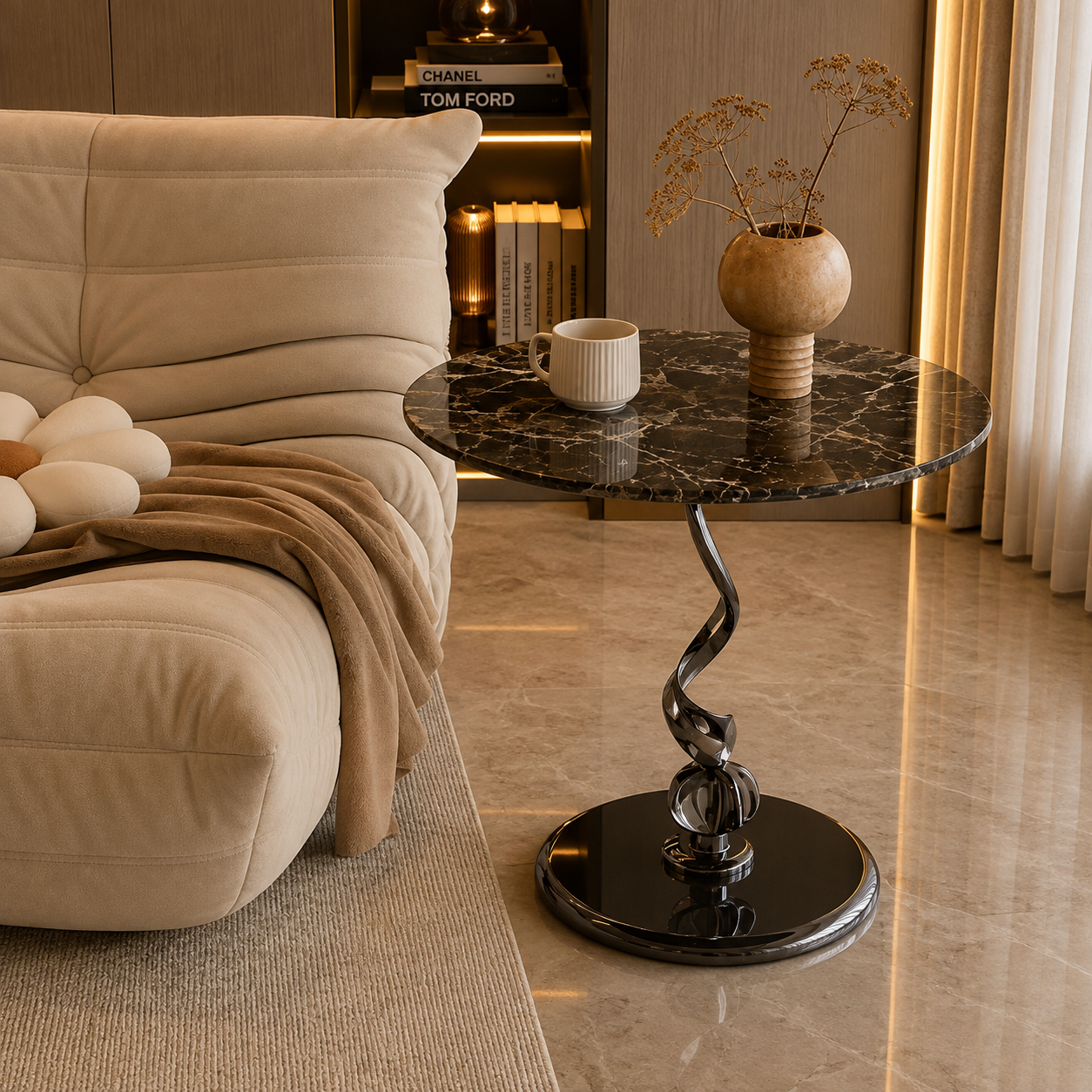 Round black marble side table curved design