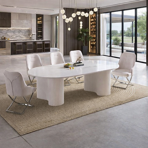 White oval dining table marble top