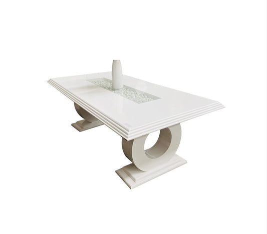 White wood dining table with stones