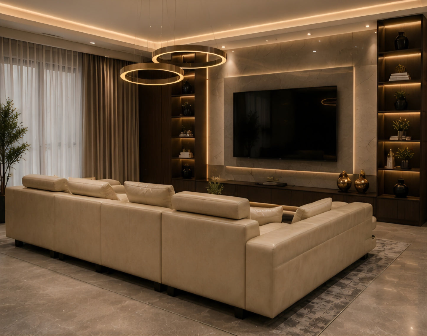 Leather corner couch wooden panels