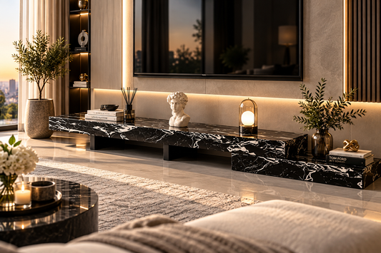 Contemporary black marble tv unit