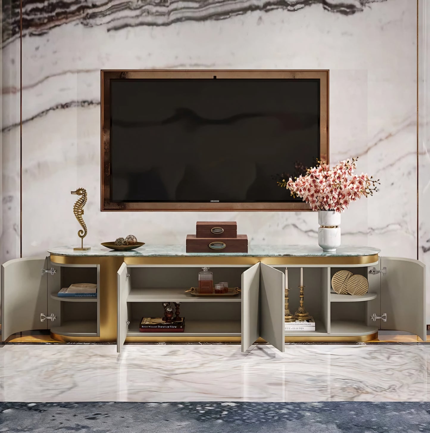 Grey and gold TV stand marble top