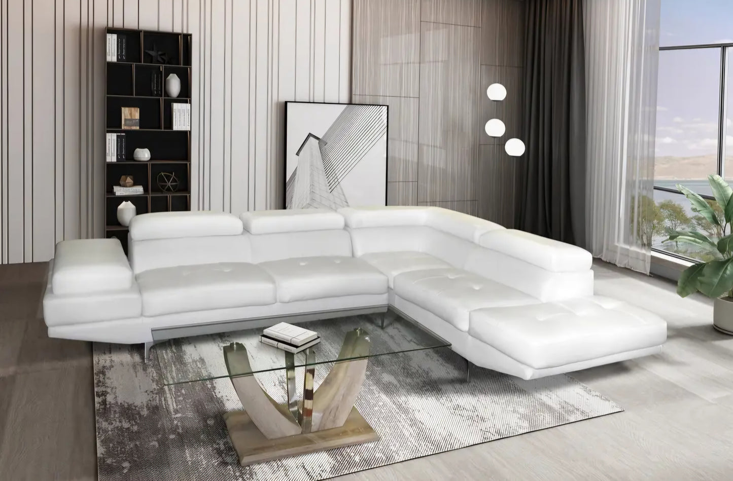 White leather L shape corner couch