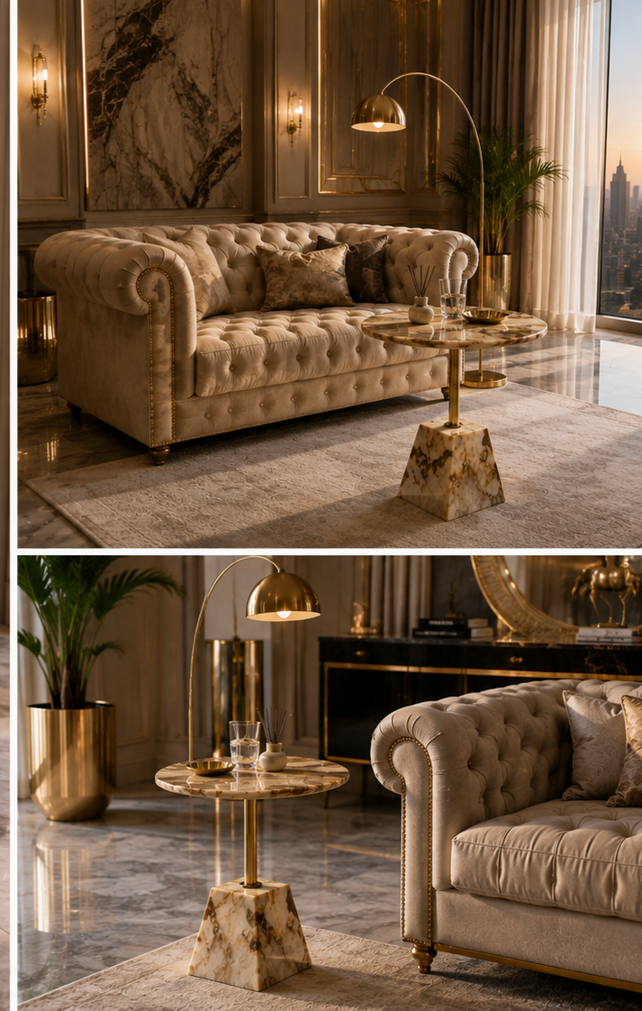 luxury side table with a round marble top and a sculptural tapered stone base