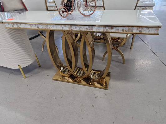 Gold audi ring console server table white marble