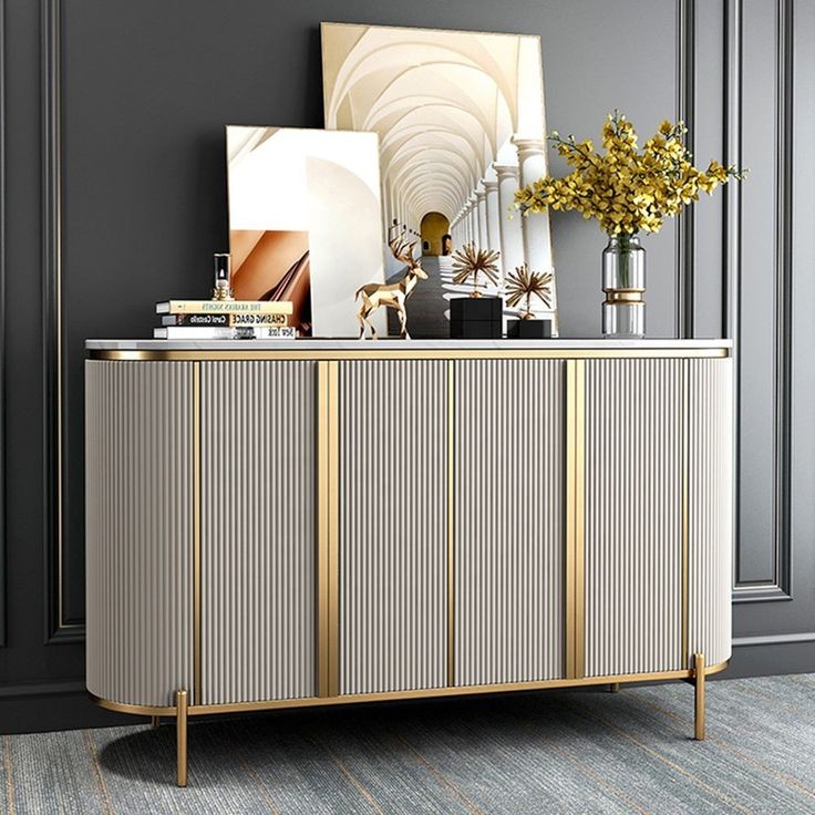 gold and white server with cupboards storage