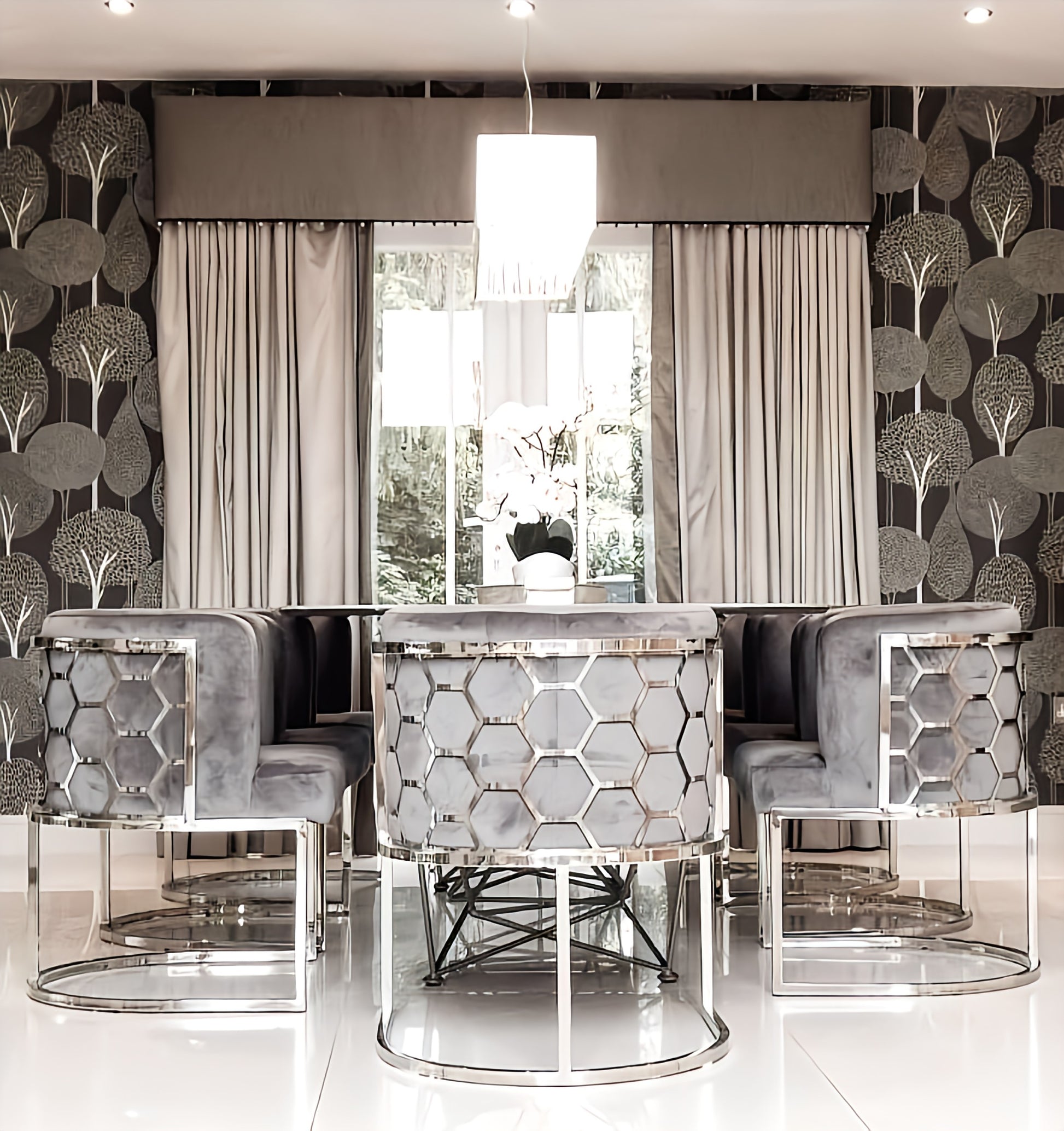 grey and silver low design dining chairs