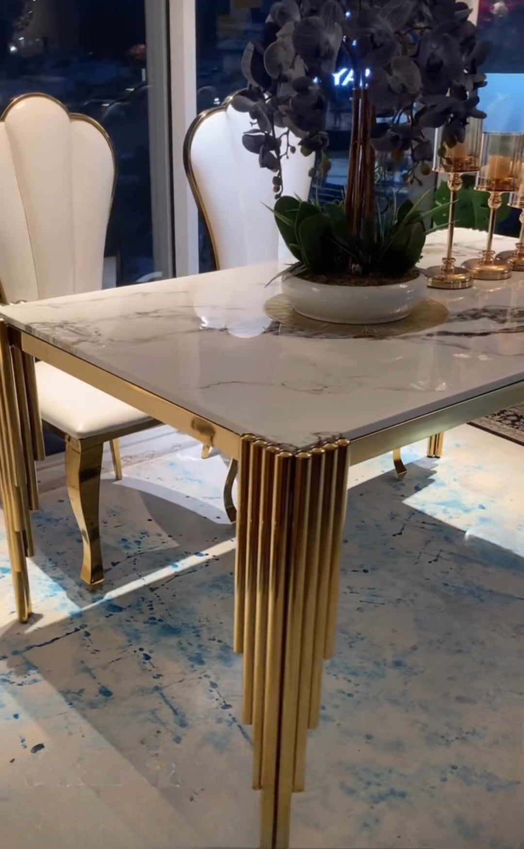 White and gold marble 6 seater dining set 