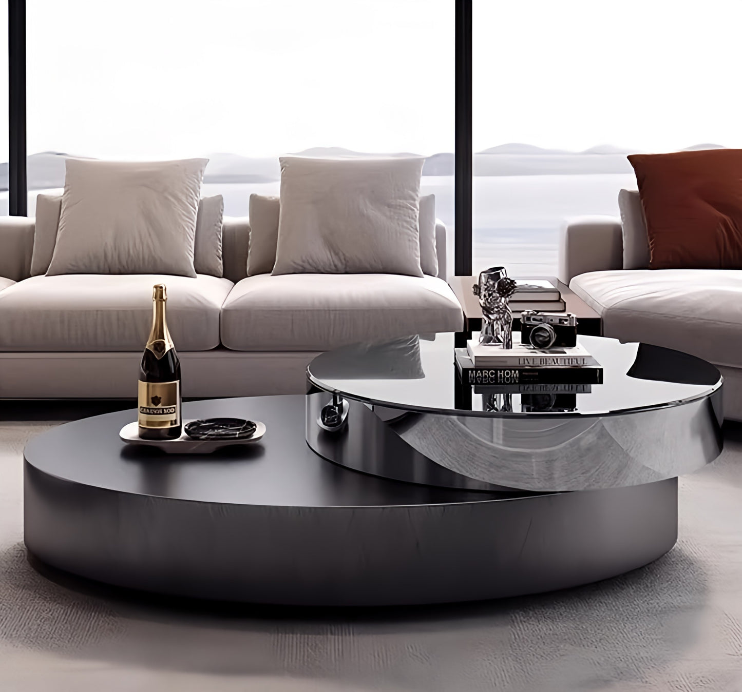 Swivel coffee table black and silver 