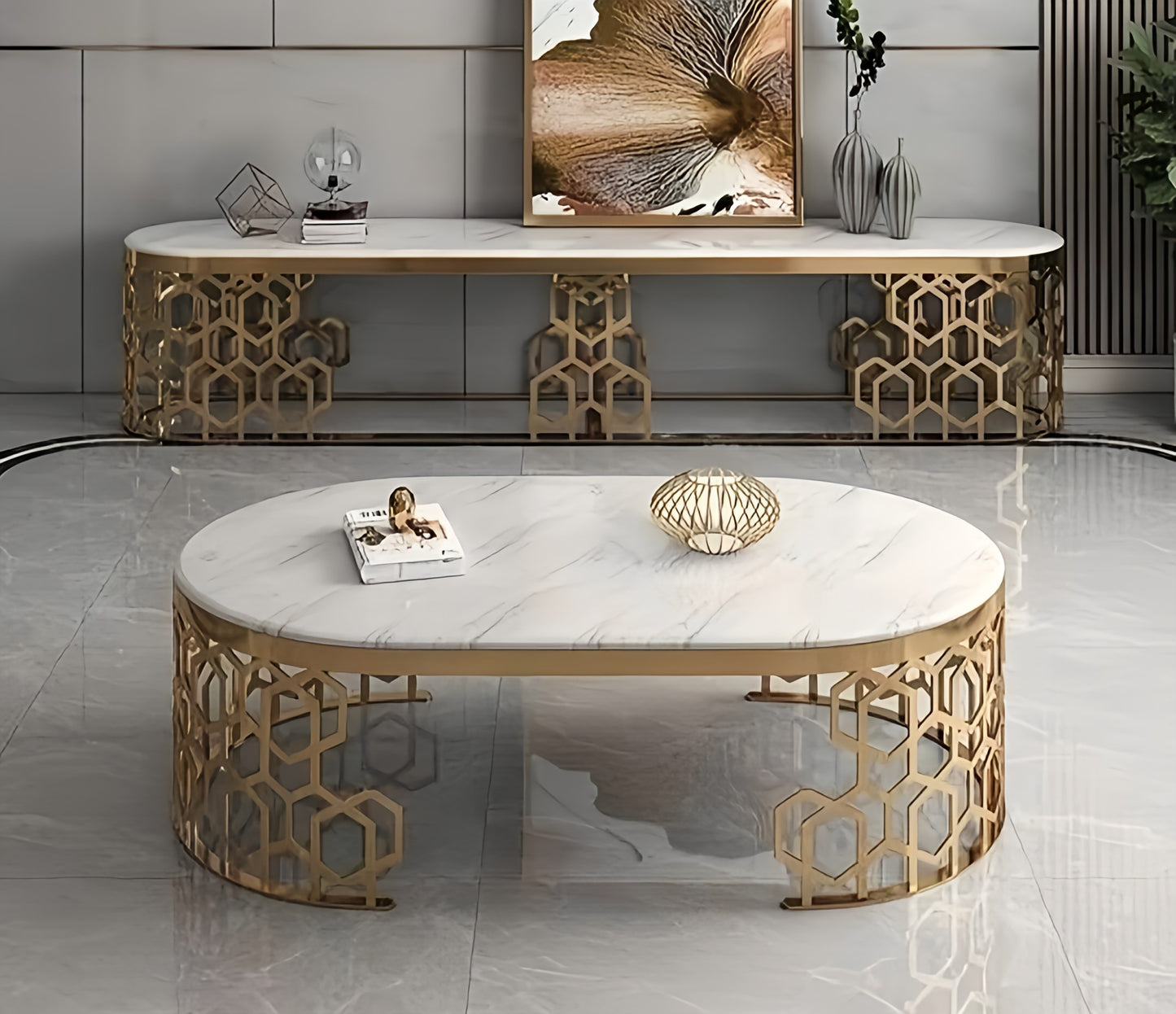 Gold and marble tv stand and coffee table set 