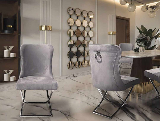 velvet grey and silver dining chairs 