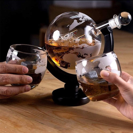 whiskey globe decanter canister set 2 glasses