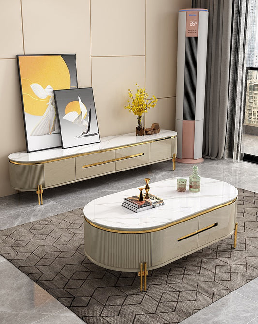 beige and gold coffee table and plasma unit set
