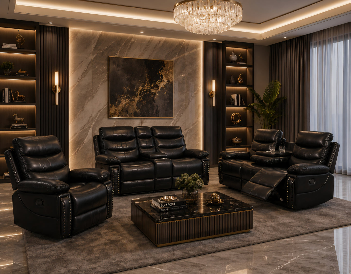 Black leather recliner couches