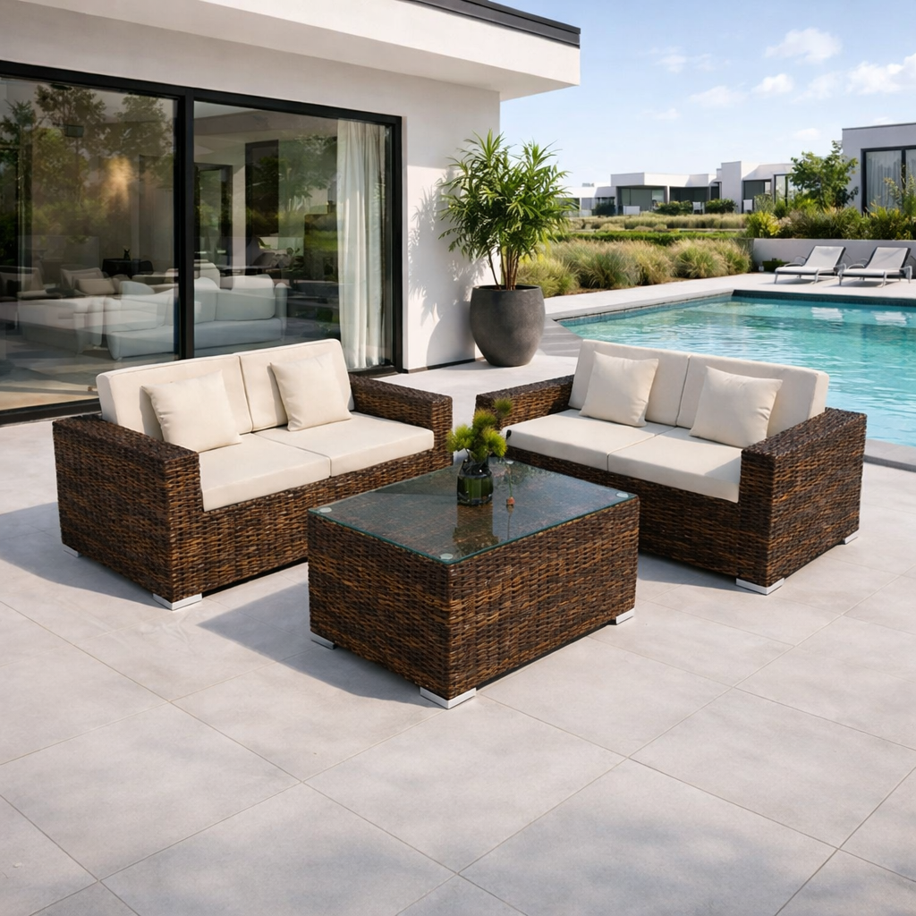 Outdoor patio furniture set with wicker chairs and coffe table 