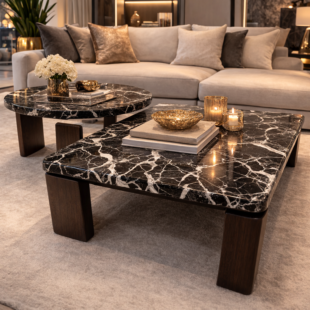 Black and white marble coffee table set 