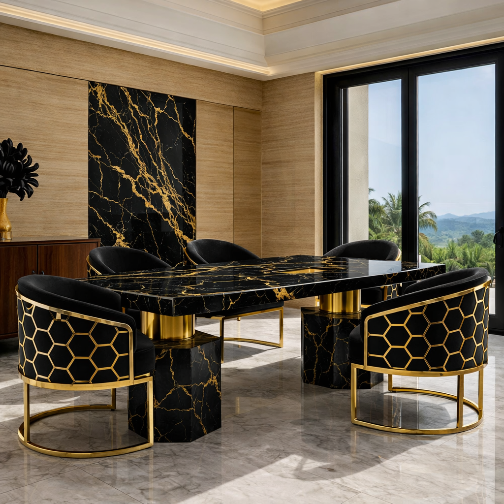 Luxury black and gold marble dining set 