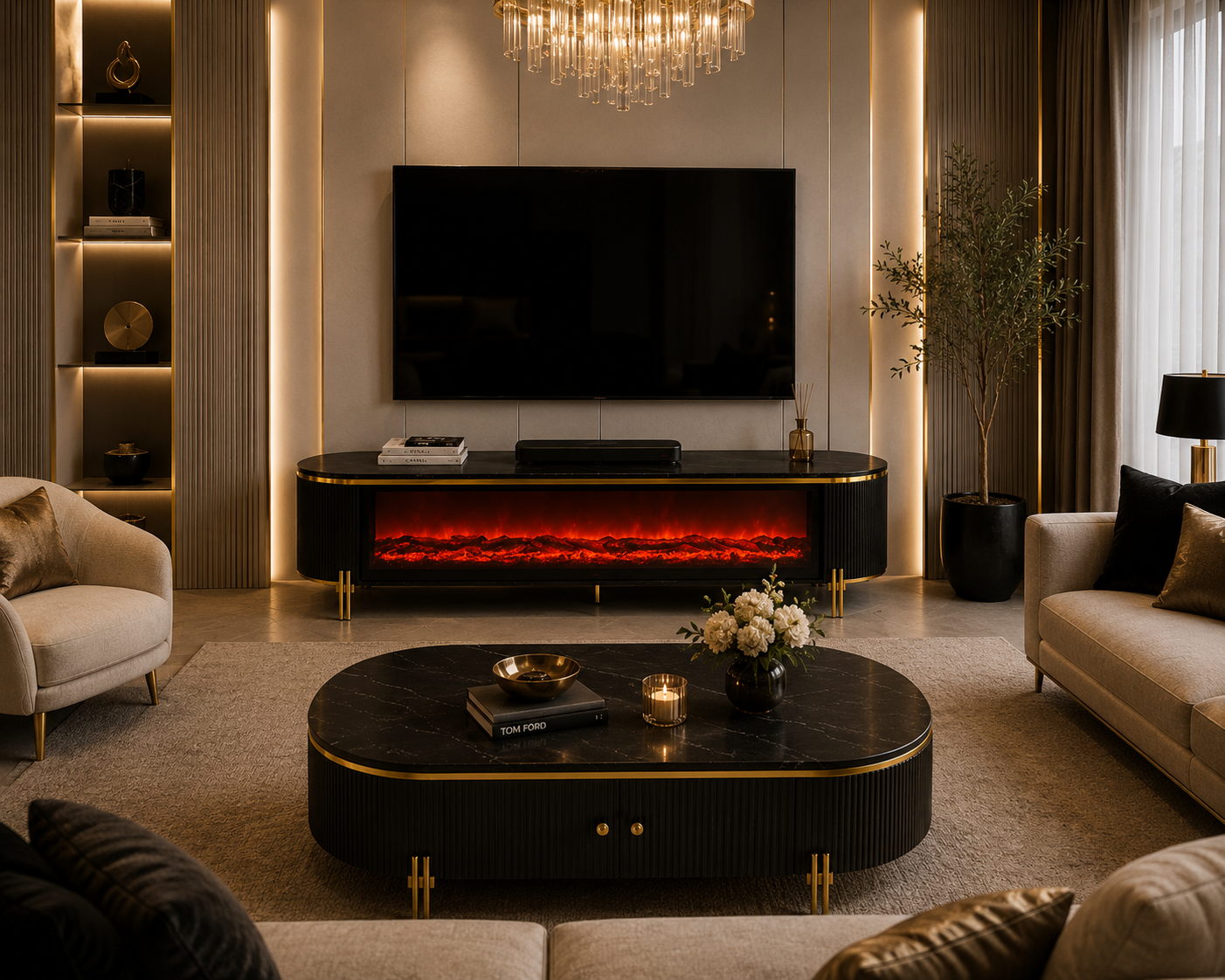 Black and gold plasma tv stand with fireplace 