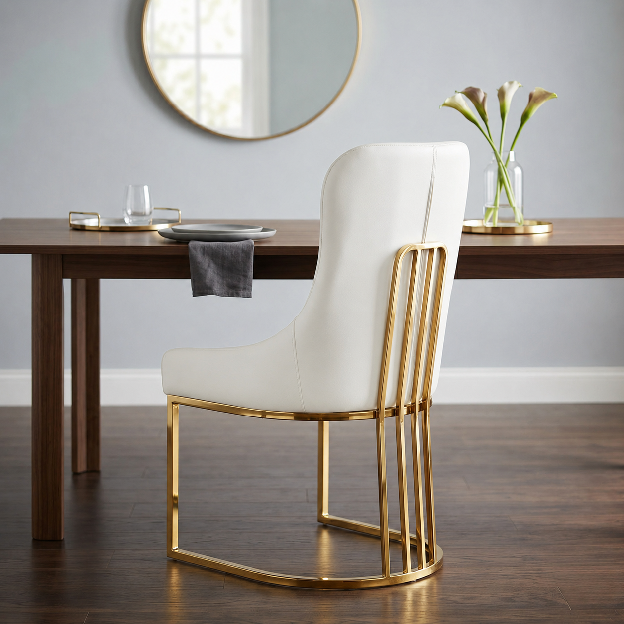 White leather dining chair gold