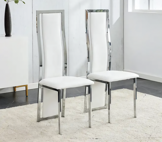 High back white and silver dining chairs