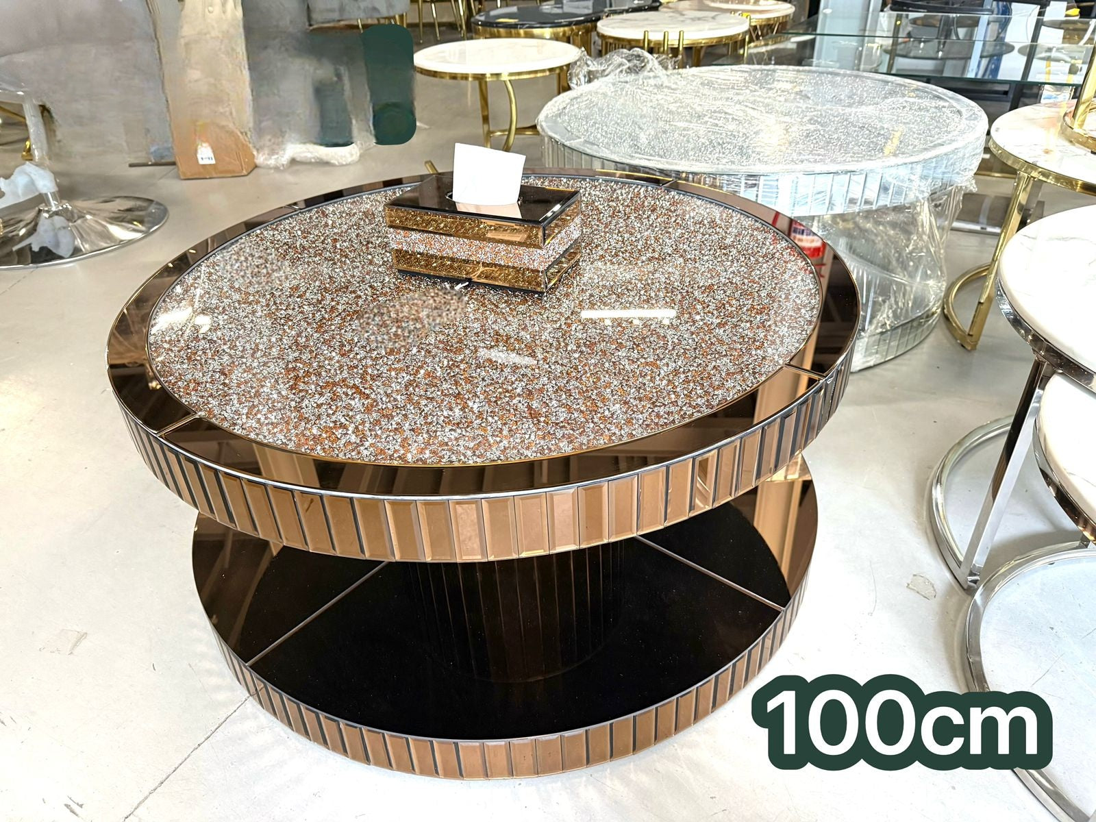 Crushed diamond mirror coffee table rose gold