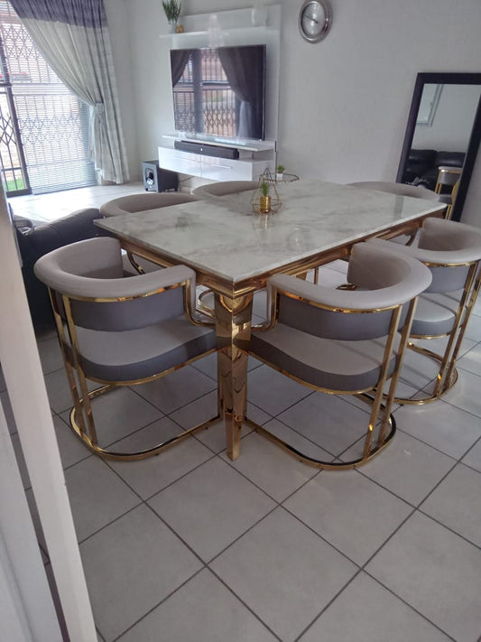 White and gold marble 6 seater dining set leather chairs 