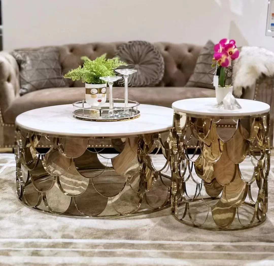 Gold Marble top coffee table and side table set 