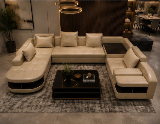 Leather corner couch wooden panels 