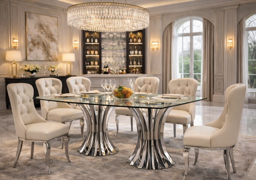Silver glass top dining table set