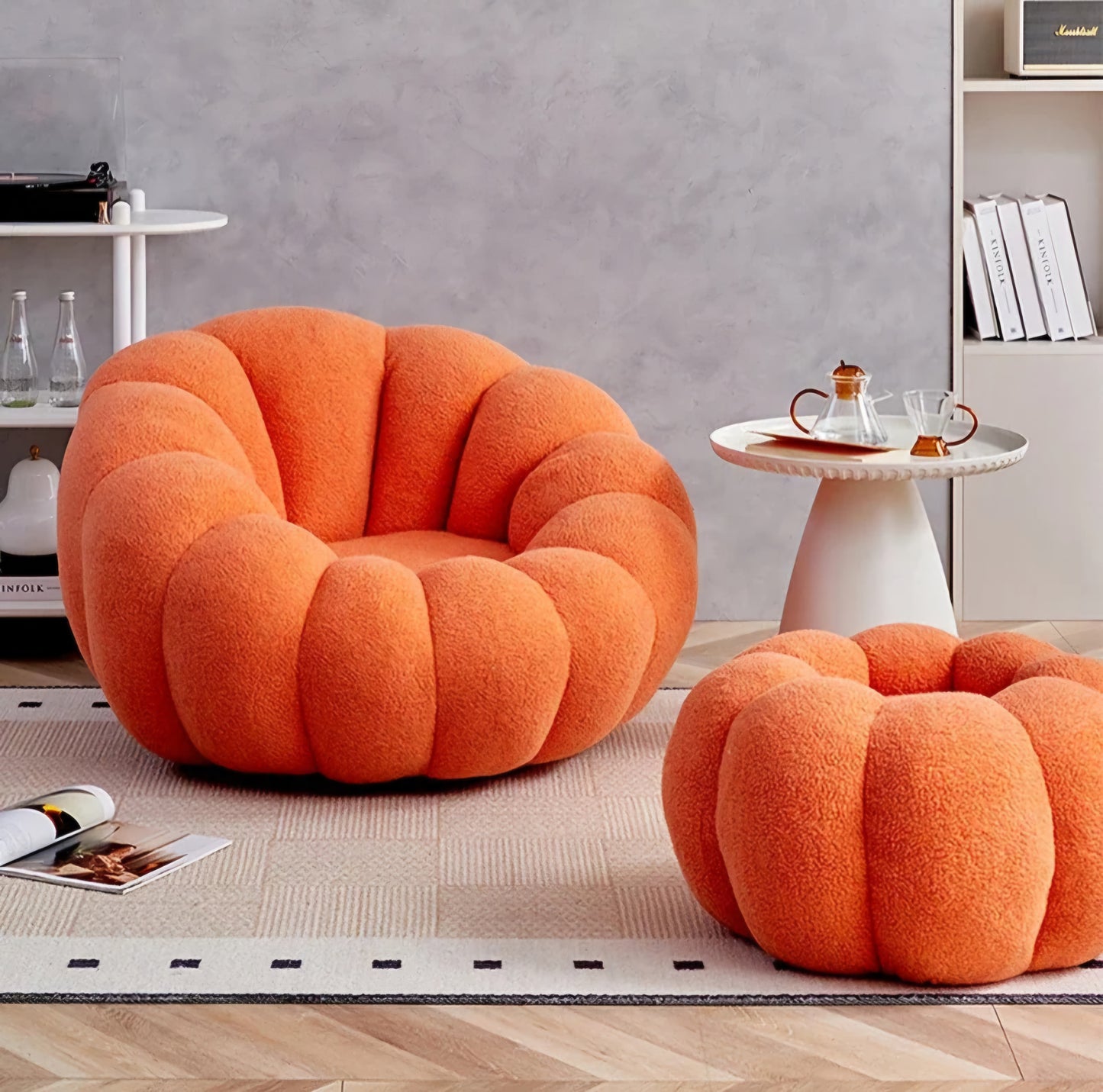 Boucle orange lazy chair with ottoman